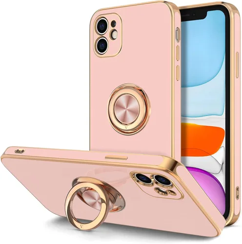 Vista 13 de Hython Funda para iPhone 11 con soporte de anillo [soporte de anillo giratorio de 360° con soporte magnético] [borde de oro rosa chapado en brillo]