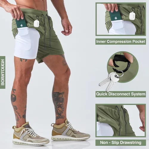 Vista 2 de Born Tough Pantalones cortos de entrenamiento de gimnasio para hombre, entrepierna de 7 pulgadas, pantalones cortos de culturismo atléticos