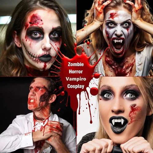 Vista 6 de Kit de colmillos falsos de sangre y dientes de vampiro, fiesta de Halloween, cosplay de vampiros