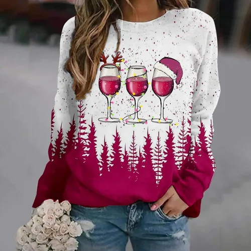 Vista 3 de Suéter de manga larga con capucha para mujer, diseño de copa de vino, con estampado de copa de vino, cuello redondo, sudadera de invierno y Navidad