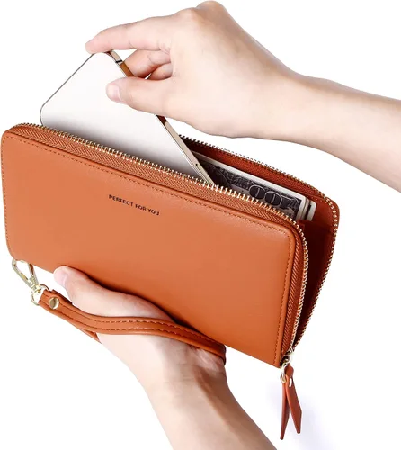 Vista 6 de VOCUS Cartera de mujer con bloqueo RFID de cuero PU con cremallera alrededor, gran cartera de viaje larga, con tarjetero y tira para la muñeca Marrón