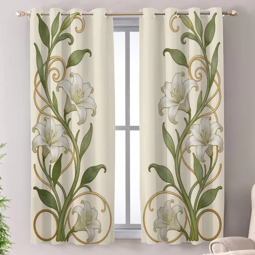 Vista 25 de Shrahala Art Nouveau Floral Pattern Blackout Curtain Tiers, Delicate Vine and Flower Design Kitchen Valance Light Blocking Tier Drapes with Rod