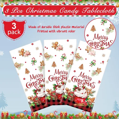 Vista 4 de 3 piezas de manteles de fiesta Feliz Navidad a cuadros de búfalo de pan de jengibre, cubierta de mesa rectangular de plástico rojo y negro a cuadros