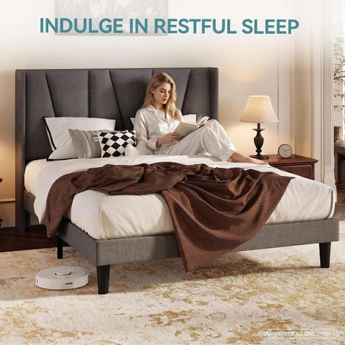 Vista 8 de HOOMIC Base de cama tapizada de tamaño matrimonial con cabecera geométrica moderna con respaldo de ala, listones de madera, no necesita somier, base