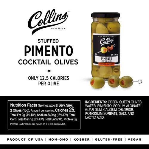 Vista 4 de Collins Aceitunas rellenas de pimiento - Aceitunas de cóctel gourmet - Aceitunas de reina españolas con pimienta de pimiento, cóctel de Martini