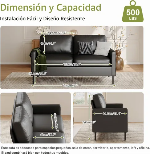 Vista 2 de 56 '' Sofá de dos plazas de cuero negro con USB para sofá de sala de estar