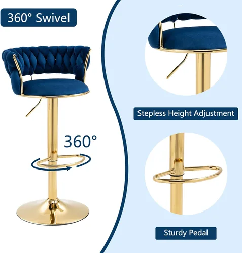 Vista 4 de Juego de 2 taburetes de bar giratorios de altura ajustable y 360, silla de recepción redonda moderna, silla de bar de terciopelo dorado, silla alta
