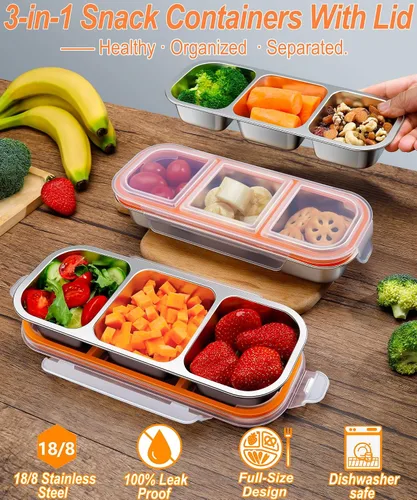 Vista 2 de KTKUDY - Recipiente de acero inoxidable para niños y adultos, grande, a prueba de fugas, 3 compartimentos, apilable, para guardería, escuela