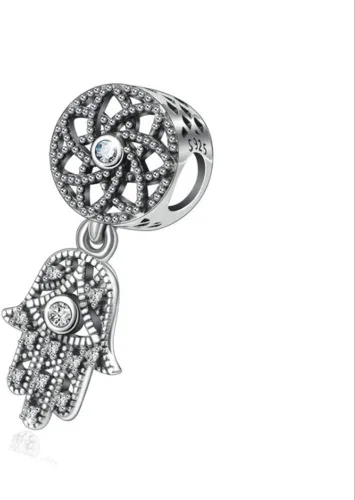 Vista 3 de Abalorio de plata de ley 925 con diseño de mano de Fátima para pulsera Pandora (B)