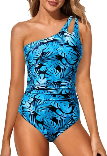 Vista 26 de Women's One Shoulder One Piece Tummy Control Swimsuit Full Coverage Diseño de ojo de cerradura, ajuste de cobertura completa, estilo modesto Negro