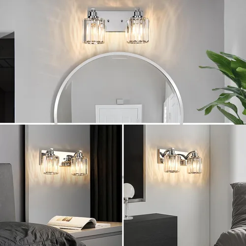 Vista 6 de 2 luces de cristal para tocador de baño, moderna cromada, accesorios de iluminación de baño sobre espejo para espejo base E26