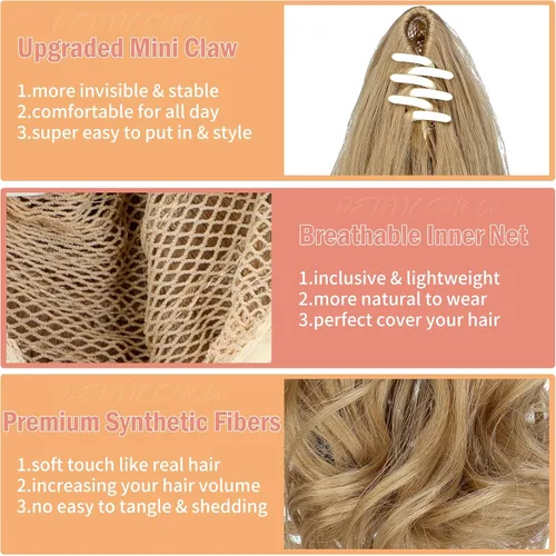 Vista 3 de Pinza de extensión de cola de caballo de 18 pulgadas, extensiones de cabello ondulado rizado con clip, extensiones de cola de caballo largas, Rubio