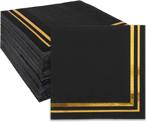 Vista 8 de Whaline 100 servilletas de cóctel doradas y negras, servilletas de papel de papel de aluminio dorado grueso desechable para postre para cumpleaños
