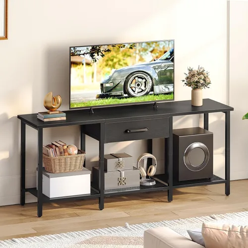 Vista 3 de HOOBRO Soporte de TV para televisores de hasta 55 pulgadas, centro de entretenimiento con cajón de tela y estantes abiertos, mesa consola industrial