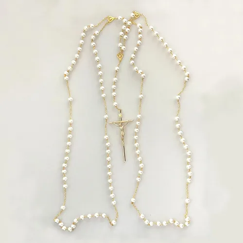 Vista 2 de Lazo de boda con perlas, Lazo de Boda Rosario para matrimonio, Rosario de gran tamaño con crucifijo, cordón tradicional de unidad de boda, dorado
