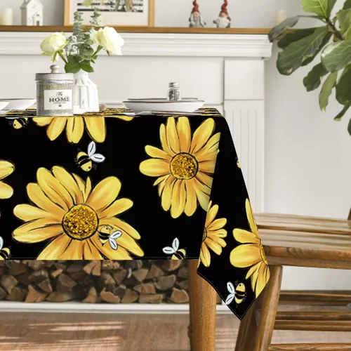Vista 4 de Horaldaily Mantel de verano de 52 x 70 pulgadas, diseño de girasol amarillo, abejorro, negro, otoño, lavable, para fiesta, picnic, decoración de cena