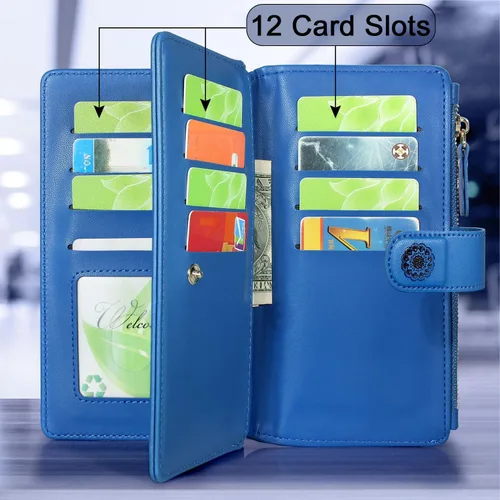 Vista 4 de Harryshell Cartera magnética desmontable con cremallera de piel, bolsillo para efectivo con 12 ranuras para tarjetas, correa de muñeca para Samsung