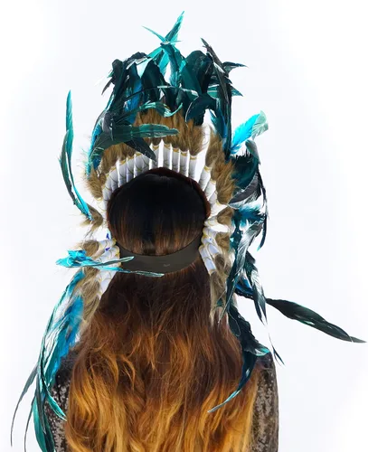 Vista 2 de ZUCKER Tocado tribal inspirado en indios nativos americanos, disfraz de fiesta de plumas grandes para Halloween, cosplay, azul turquesa oscuro