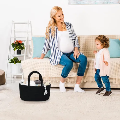 Vista 5 de Organizador de pañales para bebé con asa de cuerda de algodón para niña o niño, cesta de almacenamiento portátil para guardería, bolsa de pañales