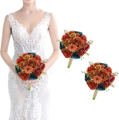 Vista 18 de Ramo de dama de honor artificial para boda, ramo de flores de seda prefabricadas de 7 pulgadas, ramo de flores pequeñas para dama de honor