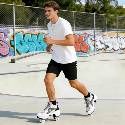 Vista 2 de 2-in-1 Roller Skates with Retractable 4 Wheels and Pop-Out Design Deformation Sneakers for Outdoor Sports Activities Unisex Adjustable Shoes