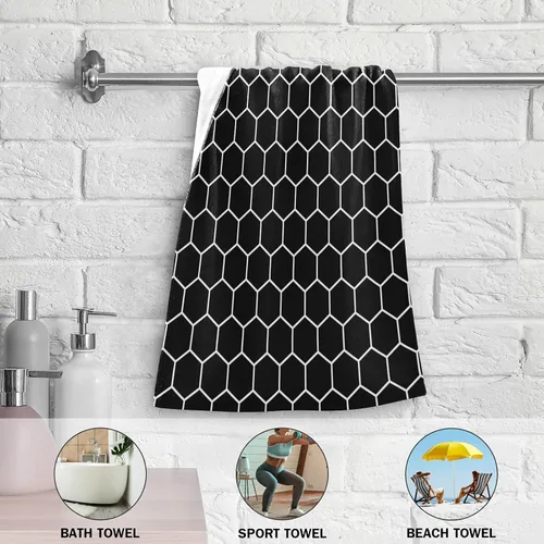 Vista 5 de Juego de 2 toallas faciales de poliéster suave y absorbente para baño, diseño de panal de abeja, hexagonal, negro y blanco, para peluquería