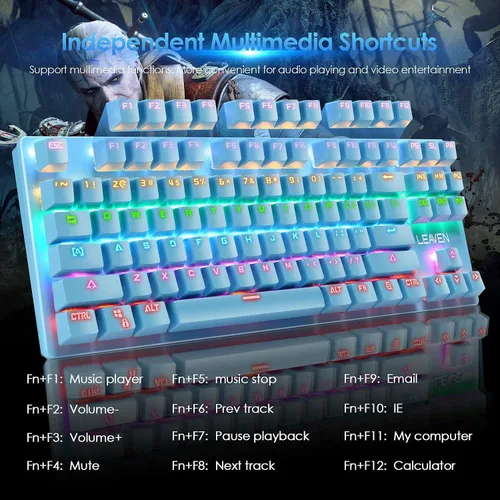 Vista 6 de Combo de teclado y mouse mecánico para juegos, teclado retroiluminado compacto de 87 teclas, adaptador convertidor PS4, retroiluminado RGB de 6400