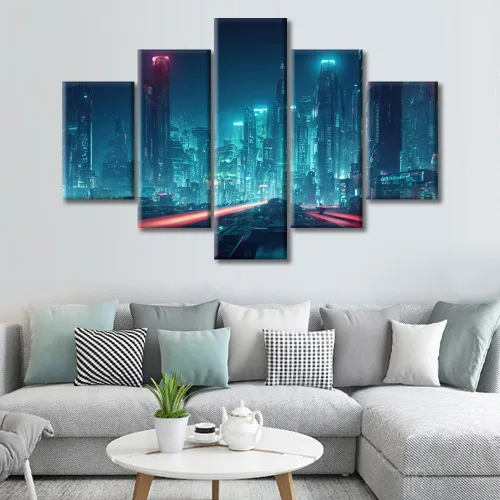 Vista 330 de Cuadros de 5 paneles de Cyberpunk City, arte de pared, representación de vallas publicitarias, edificios modernos en la capital con obras de arte