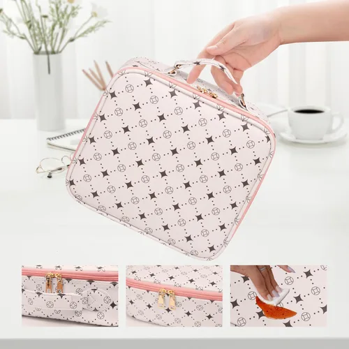 Vista 3 de Bolsa de maquillaje de viaje, organizador de cosméticos impermeable, divisores ajustables, estuche de tren de cosméticos portátil, organizador