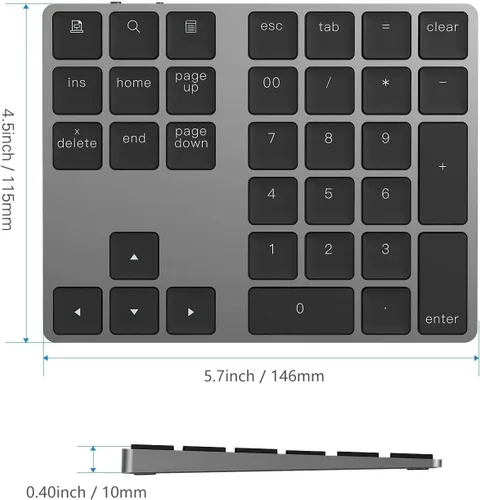 Vista 6 de Teclado Numérico Bluetooth, Lekvey Teclado Numérico Inalámbrico Recargable de Aluminio Delgado de 34 Teclas Teclado Numérico Externo Entrada
