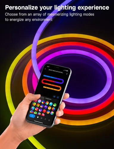 Vista 4 de Tira de luz LED de neón RGB de 16.4 pies que cambia de color, aplicación + control remoto, iluminación de diseño impermeable personalizable