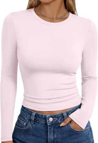 Vista 43 de Trendy Queen Camisetas de manga larga para mujer, camisetas básicas de Verde militar