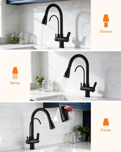 Vista 4 de WANFAN Grifo de fregadero de cocina con rociador extraíble 2 manijas 3 en 1 filtro de agua purificador grifos negro 0195R