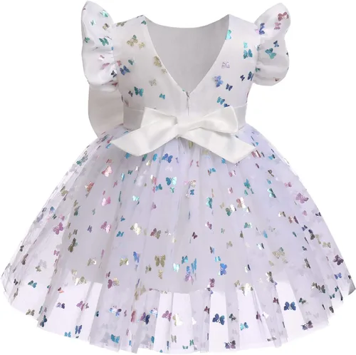 Vista 2 de IDOPIP Vestido tutú de mariposa con lentejuelas para bebé, niña de las flores, primera comunión, boda, fiesta de cumpleaños, vestido con lazo