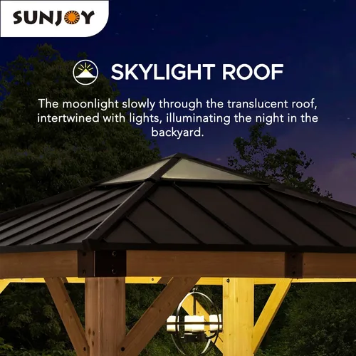 Vista 3 de Kiosco con techo rígido Sunjoy de 9 x 9 pies. Gazebo de madera con estructura de cedro mejorado con techo de acero marrón y policarbonato a dos