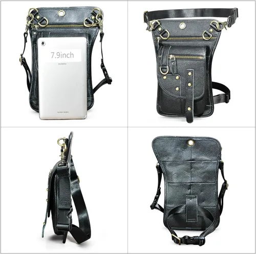 Vista 6 de Handadsume Riñonera de lona resistente al agua + cuero para motocicleta, riñonera de viaje para muslo, bolsa para hombres y mujeres, FB2141, 100%