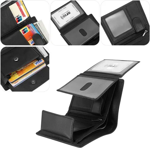 Vista 3 de Billetera Triple de Cuero Vacuno con Bloqueo RFID para Hombres, 10 Ranuras para Tarjetas, 2 Ventanas de Identificación con Bolsillo para Monedas