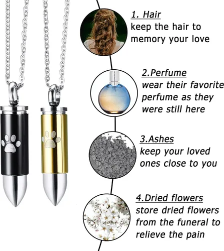 Vista 5 de 2PCS Cremation Jewelry for Ashes for Pet Dog Cat Paw Print Pendant Urn Necklace for Ashes for Men Stainless Steel Memorial Necklace Cremation