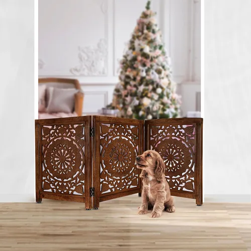 Vista 9 de Lightnpro - Puerta de madera tallada para perros, puerta plegable independiente para mascotas, barrera de seguridad extra ancha para perros