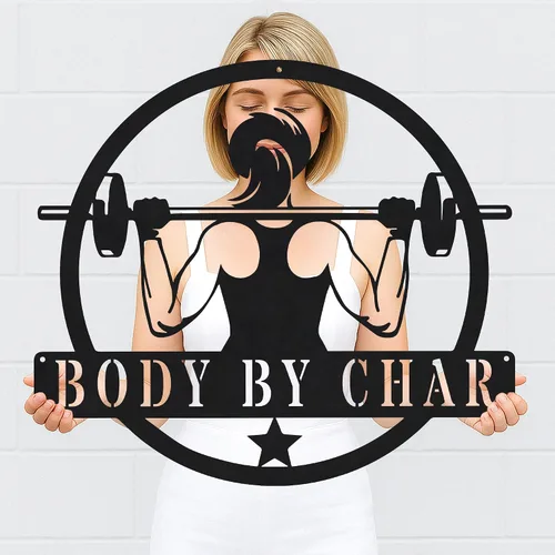 Vista 2 de Cartel de metal personalizado para gimnasio con nombre, arte de pared para sala de entrenamiento en casa, garaje, espacio de fitness, decoración
