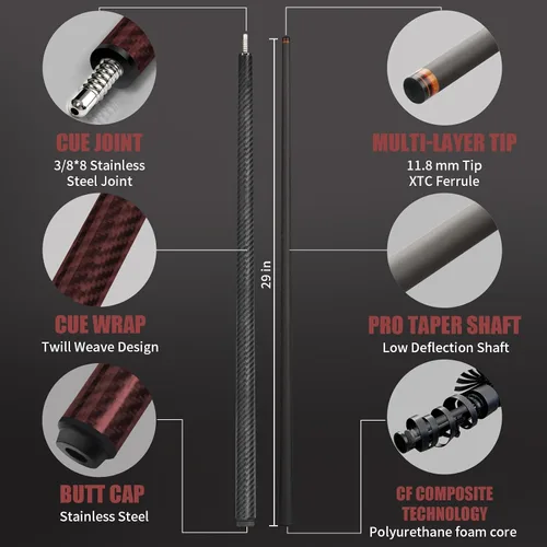 Vista 2 de Carbon Fiber Pool Cue Stick - Low Deflection Professional Pool Sticks for Adults, Premium Carbon Shaft Billiard Cue with 3/8-8 Joint, Multi-Layer