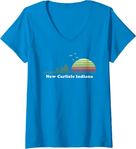 Vista 6 de Camiseta vintage para mujer Carlisle, Indiana Sunset Souvenir Print V-cuello