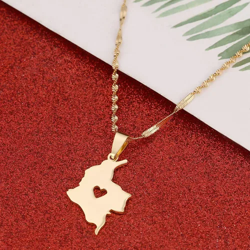 Vista 3 de Collar con colgante de mapa de Colombia de acero inoxidable, joyería de mapa colombiano