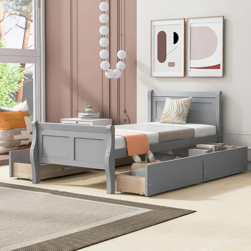 Vista 30 de Cama de plataforma de madera de tamaño individual con cabecera en forma de casa, soporte de listones de madera, para dormitorio de niños, niñas