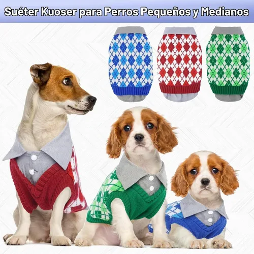 Vista 5 de Kuoser Suéter para Perro Suéter a Cuadros para Perro con Agujero para Arnés, Diseño Polo Tejido para Cachorro Suéter de Otoño e Invierno para Perros