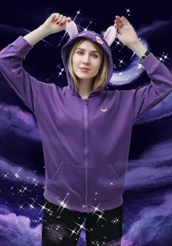 Vista 5 de DAZCOS Sudadera con capucha de anime para mujer, diseño de orejas de gato moradas, con capucha de luna para disfraz de Halloween