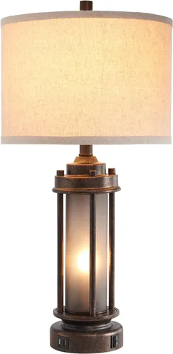 Vista 9 de Lámpara de mesa de granja de 25 pulgadas con 2 puertos de carga USB, lámpara de mesita de noche rústica vintage con luz nocturna de vidrio