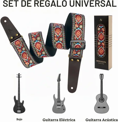 Vista 5 de Nefelibata Correa de guitarra, correas de guitarra de algodón bordadas con extremos de cuero de vaca para bajo, guitarras eléctricas y acústicas