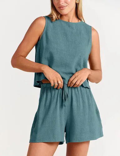 Vista 3 de GIVENUAN - Conjunto de 2 piezas de verano para mujer, conjunto de pantalones cortos de lino con cuello redondo, camiseta corta sin mangas