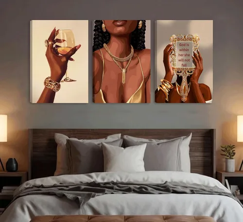 Vista 5 de RVETNGVM 3 piezas de arte de pared de niña negra, mujeres afroamericanas, cuadros abstractos de moda para niña, pinturas bohemias para sala